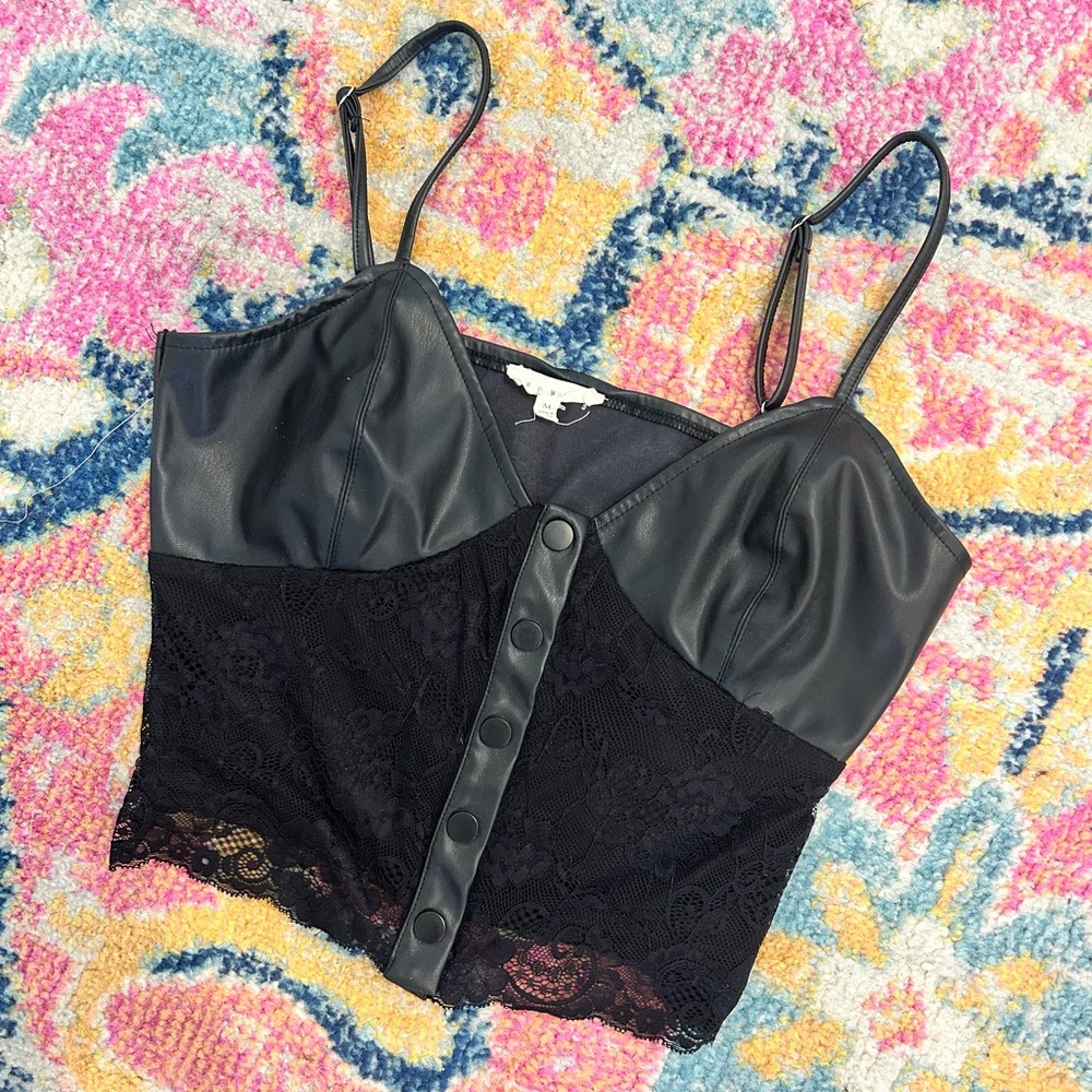 Black Lace and Faux Leather Women's Top